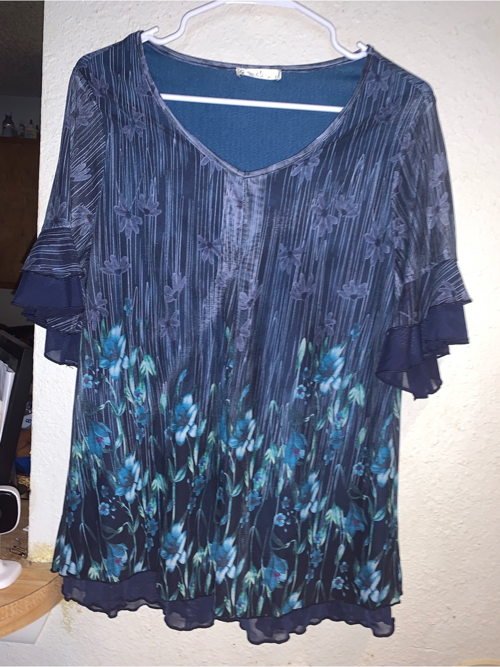 Women's Navy Floral V‑Neck Ruffle Sleeve Blouse